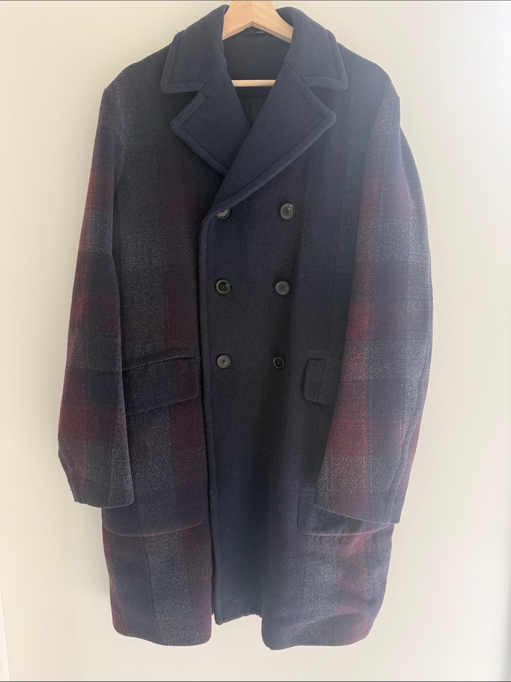 Jill Sander Men's Double-Breasted Wool Coat in Navy and Burgundy Plaid